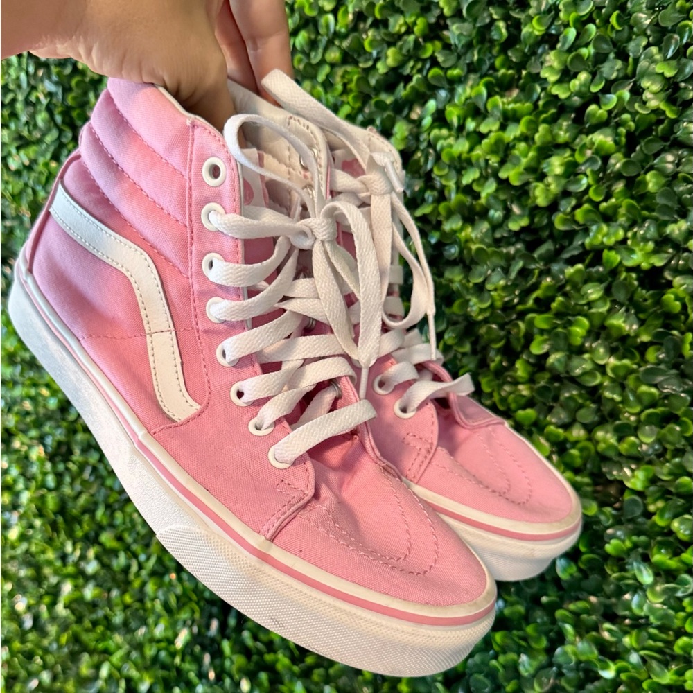 Vans Women's Pink and White High-Top Sneakers